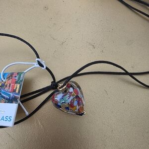 Murano Multicolor Millefiori Heart Pendant Necklace with Black Cord